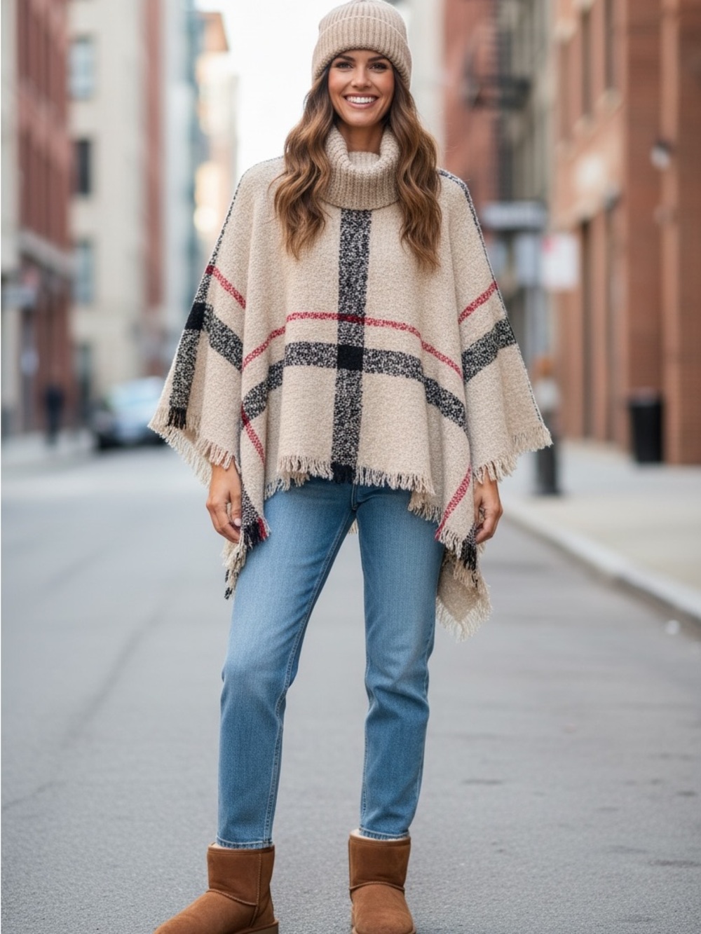 Cozy Plaid Turtleneck Poncho Sweater